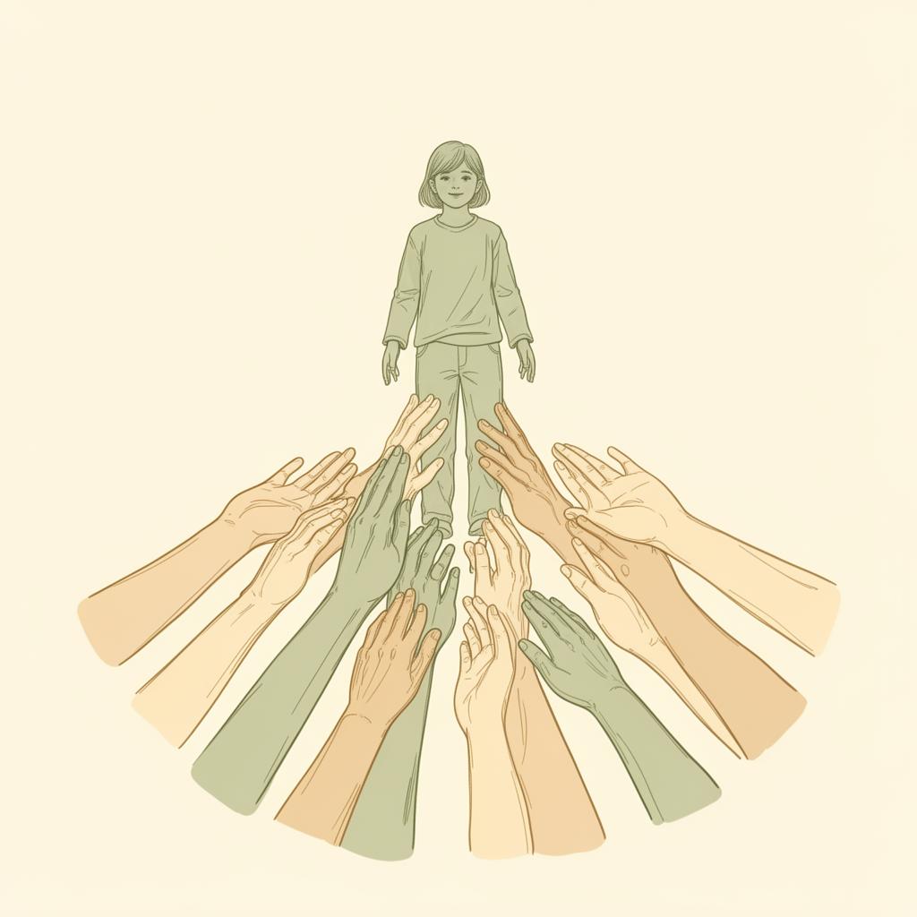 Many hands supporting one person upward