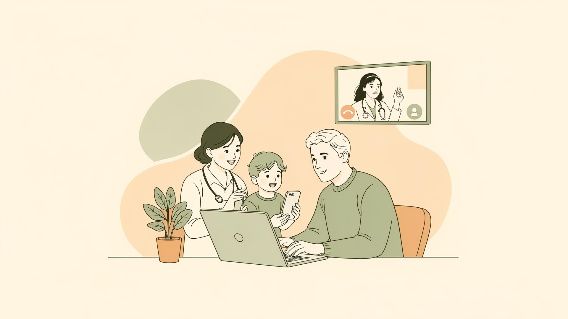 A family at home using a laptop and phone with a clinician on video